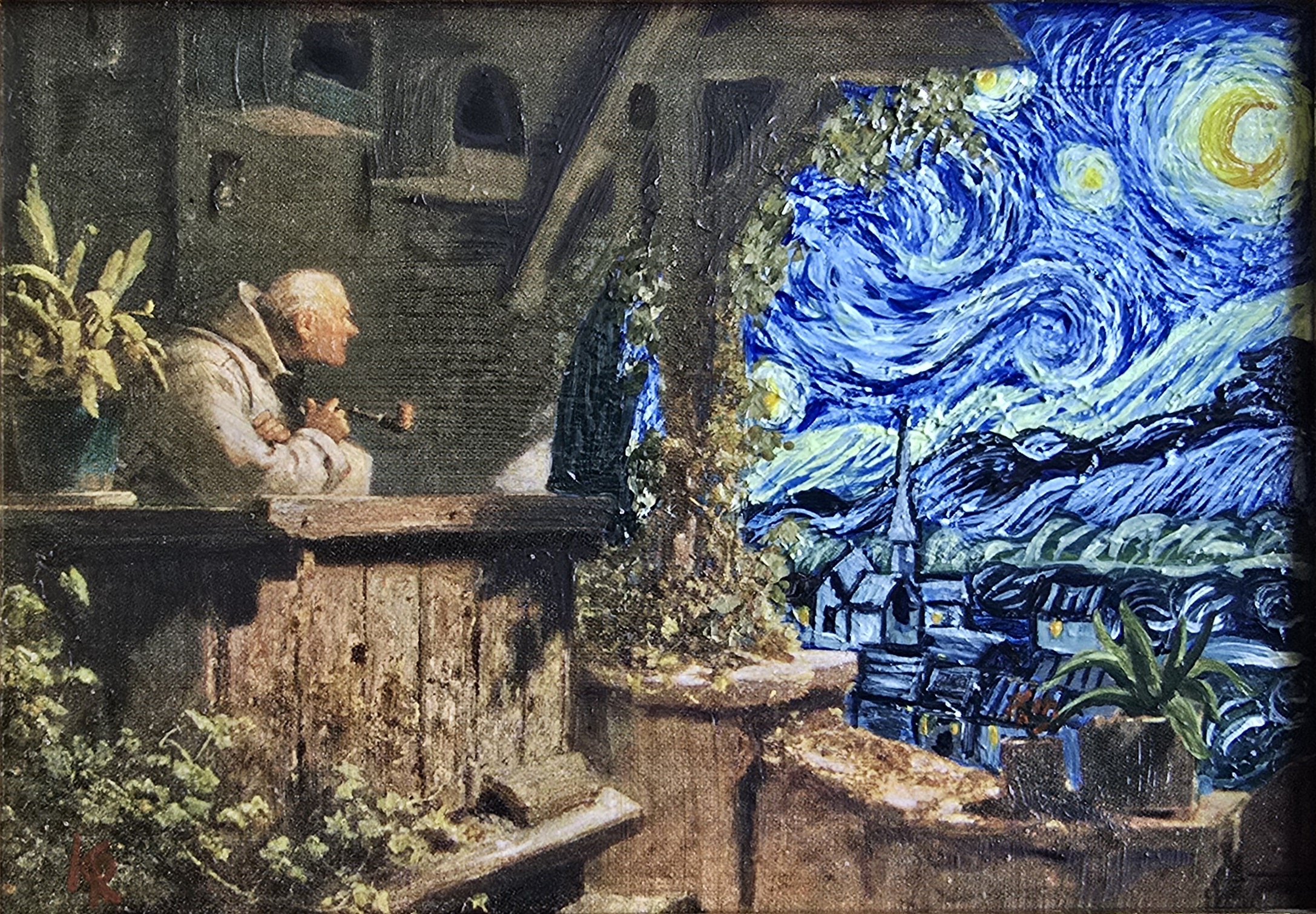 Verkauft - Spitzweg meets van Gogh - Original Upcycling Bild – Bild 3