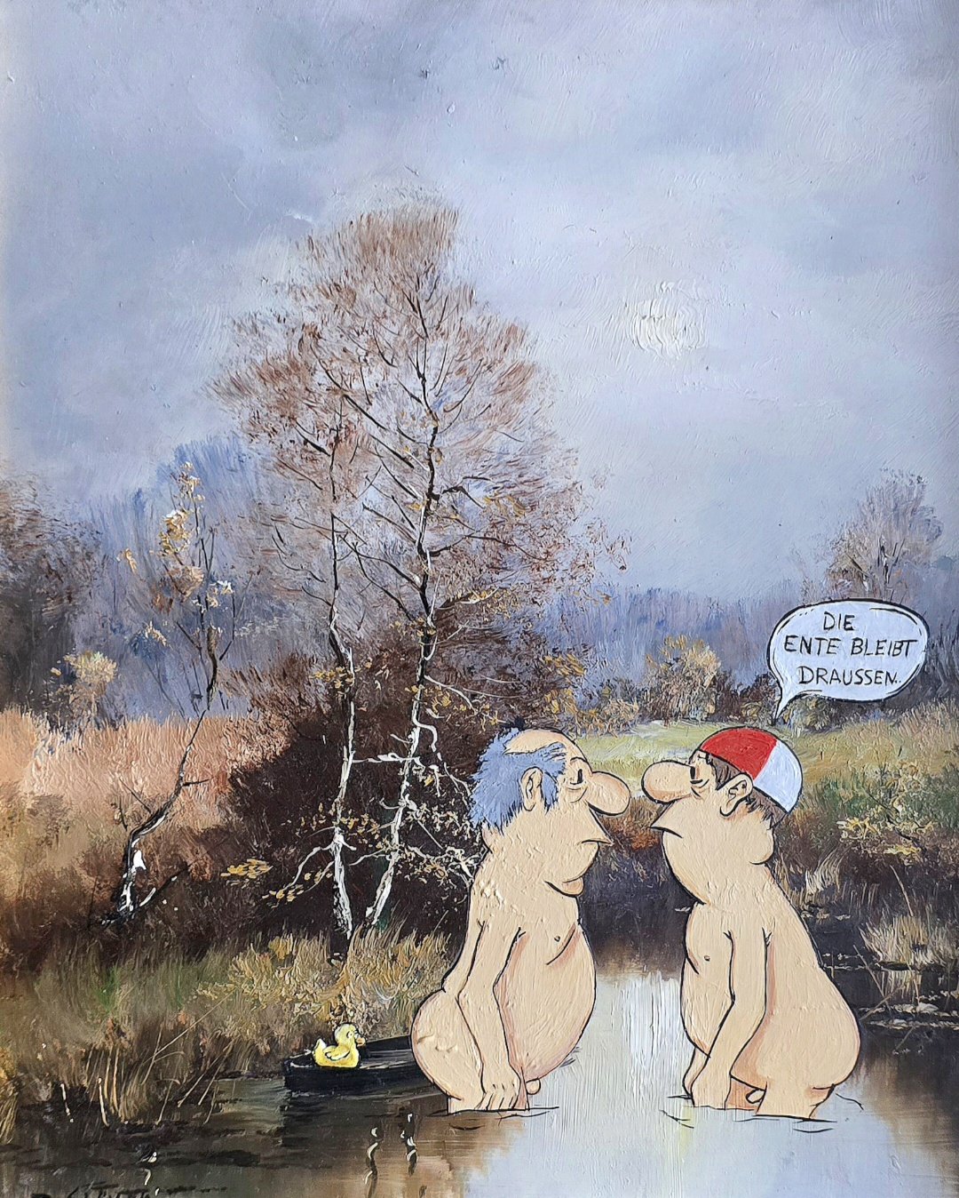 Verkauft - Die Ente bleibt draußen - Original Upcycling Bild – Bild 2