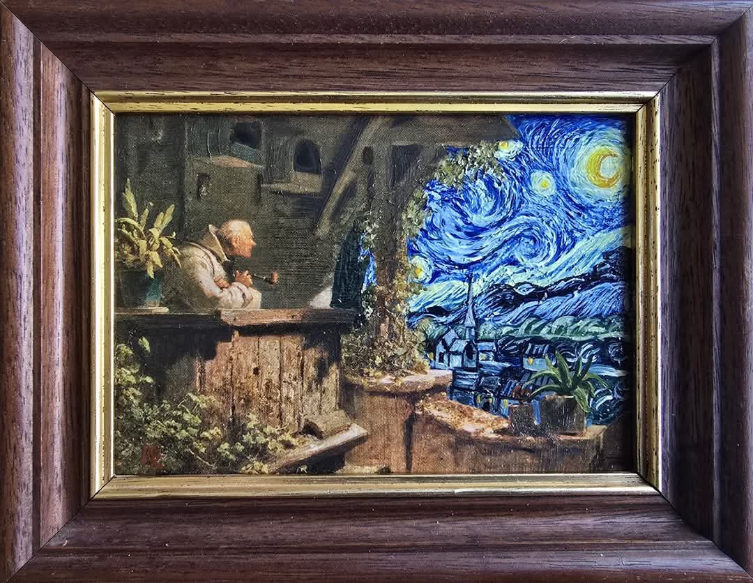 Verkauft - Spitzweg meets van Gogh - Original Upcycling Bild – Bild 2