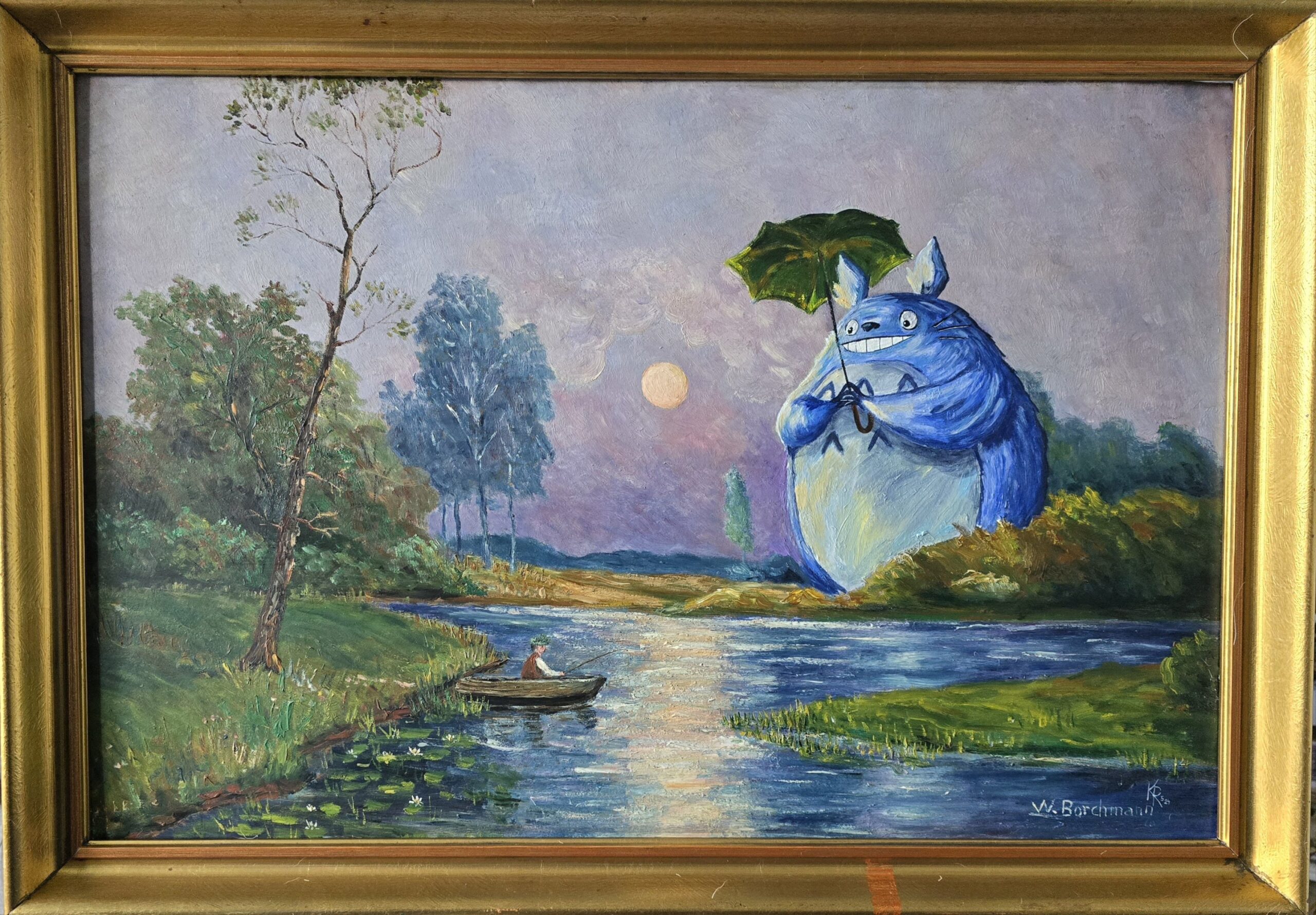 Verkauft - Totoro und der Fischer - Original Upcycling Bild – Bild 2